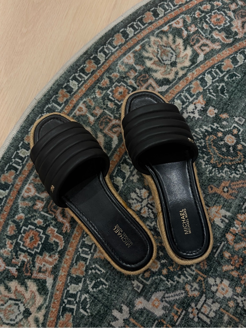 Michael Kors Black Quilted Slide Sandals with Gold Logo Trim